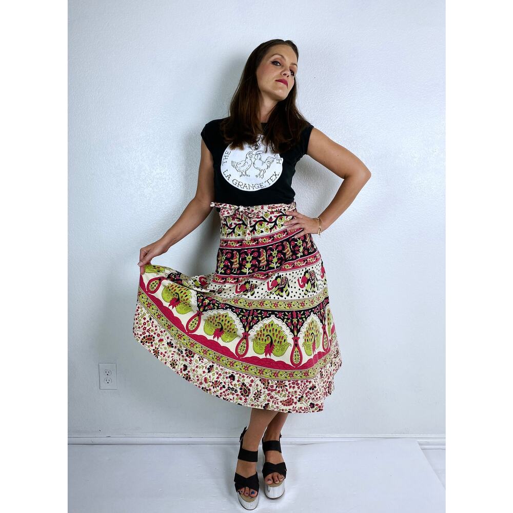 Vintage 70s Elephant Peacock Print Boho Wrap Skir… - image 2